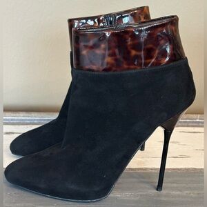 Stuart Weitzman Black Suede Ankle Booties Tortoiseshell Patent Stiletto Size 8